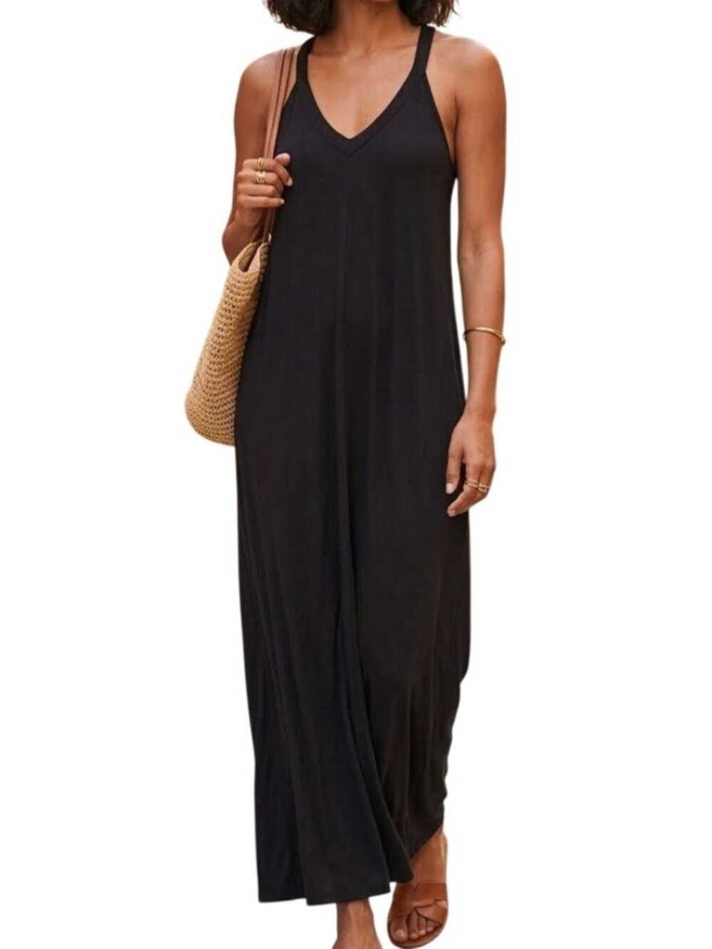 Lovestitch Maxi Dress Small Sleeveless V-Neck Racerback Solid Black Summer Wear